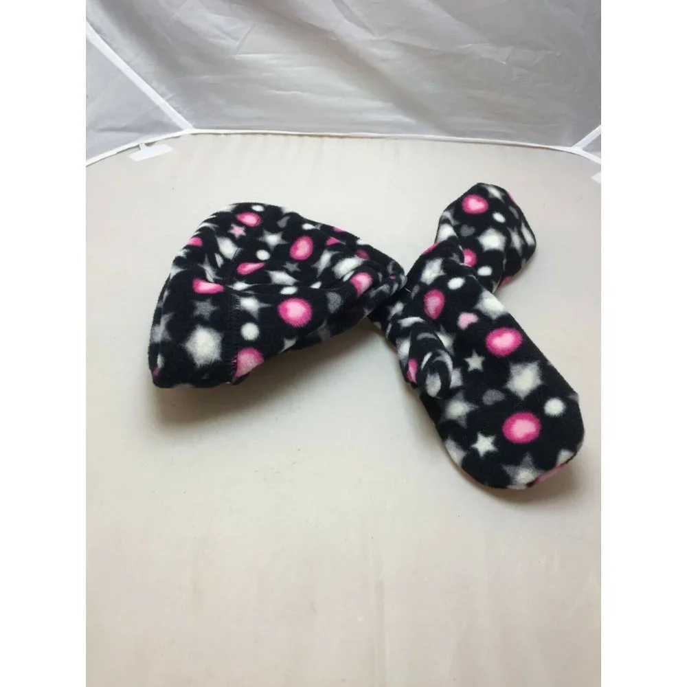 Black Pink Kids Winter Hat Mitten Set One Size Hearts Warm Soft Fleece